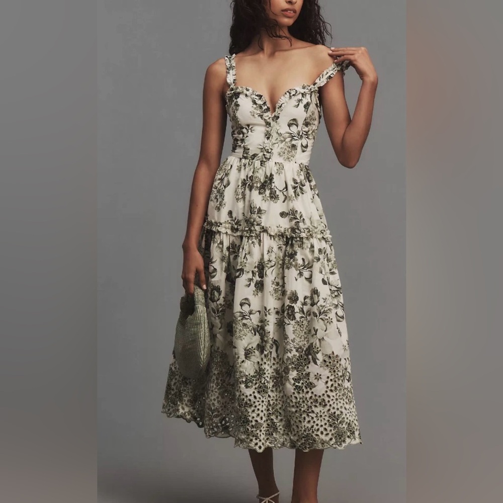 Anthropologie Olive and Cream Floral Midi Dress Size XS. *FLAW - Picture 4 of 10